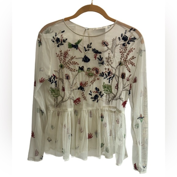 Zara HOLIDAY ✨ Embroidered Sheer Mesh Botanical Peplum Top – Size S ✨🍃✨ - Picture 4 of 9